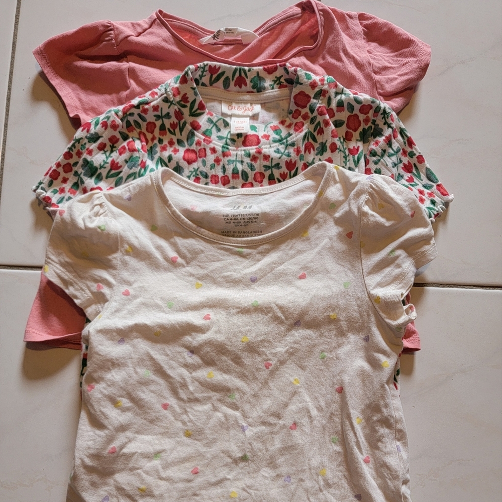 Kids tee shirt,short sleeve,size 5-6,pink,heart,flower,white,red,green